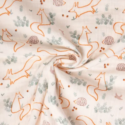 Tissu Double gaze de Coton Fox renard Ecru et orange sur fond Ecru - Par 10 cm