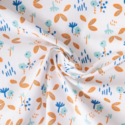 Tissu Coton imprimé Fuzy motifs fleuris bleus et orange sur fond Blanc - Par Coupon de 3m