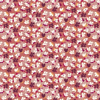 Tissu Popeline de Coton Haneve fuité sur fond Vieux rose - Par 10 cm