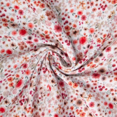 Tissu Double gaze de Coton digital Hortense fleuris Rouge et beige sur fond Blanc - Par 10 cm
