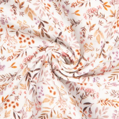Tissu Double gaze de Coton digital Ivina fleuris sur fond Blanc cassé - Par 10 cm