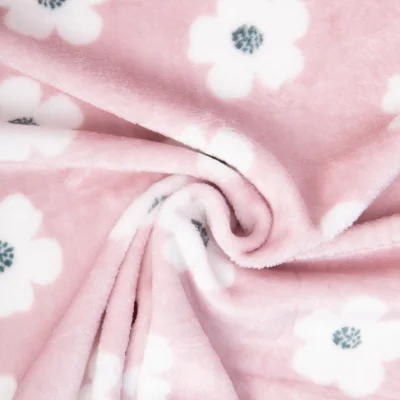 Tissu Doudou imprimé grandes fleurs Blanc sur fond Rose poudré - Par 10 cm