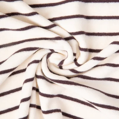 Tissu Jersey Eponge rayures Marron sur fond Ecru - Par 10 cm