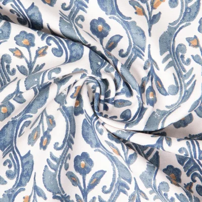 Tissu Toile de Coton Demi natté Kandla floral bleu sur fond Ecru - Par 10 cm