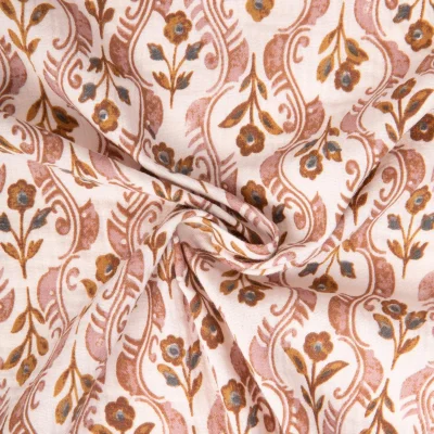 Tissu Double gaze de Coton Kandla floral camel sur fond Rose pâle - Par 10 cm