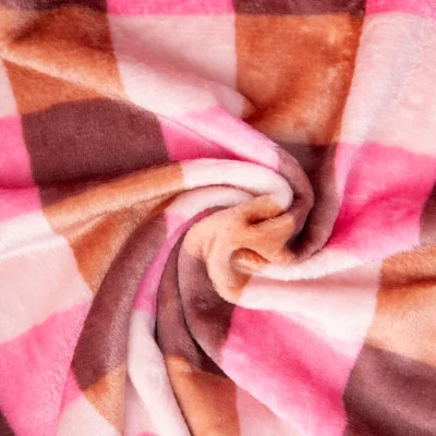 Tissu Doudou imprimé carreaux Camel, Ecru et Brun sur fond Rose - Par 10 cm