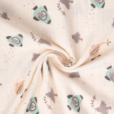 Tissu Double gaze de Coton Kimyza fusée sur fond Ecru - Par 10 cm
