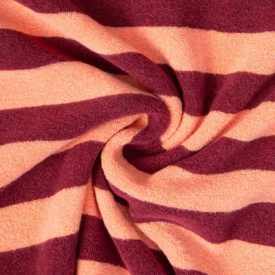 Tissu Jersey Eponge rayures Pêche sur fond Bordeaux - Par 10 cm