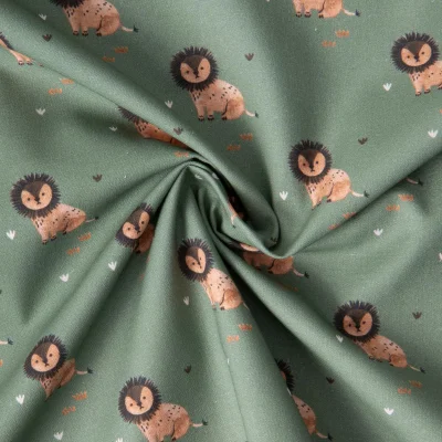 Tissu Coton imprimé Lioven Petit lion sur fond Vert foncé - Par Coupon de 3m