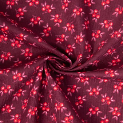 Tissu Velours milleraies imprimé Macia fleuris sur fond Framboise - Par 10 cm