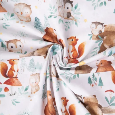 Tissu Coton imprimé digital Arty Marlow chouette et écureuil sur fond Blanc - Par 10 cm