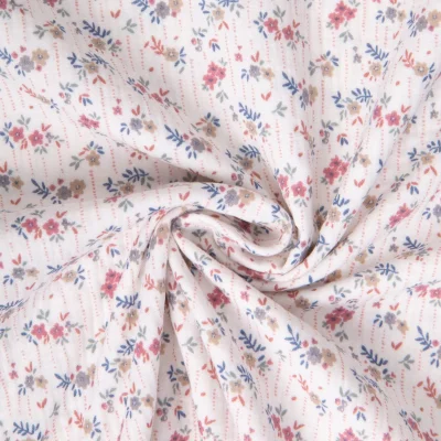 Tissu Double gaze de Coton Marthe fleuris rayé sur fond Blanc cassé - Par 10 cm