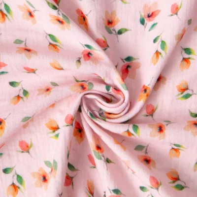 Tissu Double gaze de Coton digital Fleurs Miman sur fond Rose clair - Par 10 cm