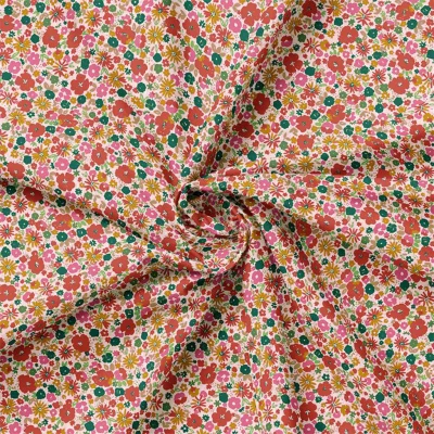 Tissu Popeline de Coton imprimé Mizet fleuris rouge sur fond Ecru - Par 10 cm