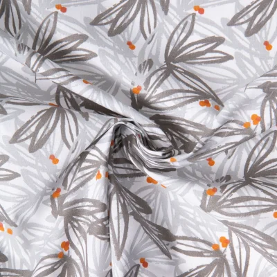 Tissu Coton imprimé Nabal Impressions florales grises et fruits oranges sur fond Blanc - Par Coupon de 3m