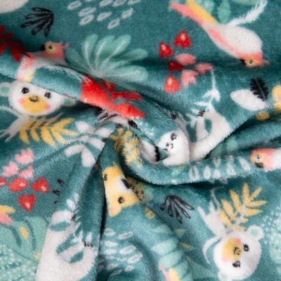 Tissu Doudou imprimé Papaya happy jungle sur fond Vert - Par 10 cm
