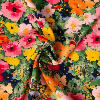 Tissu Viscose imprimé digital Arty Fleuris jaune, vert et rose sur fond Noir - Par 10 cm
