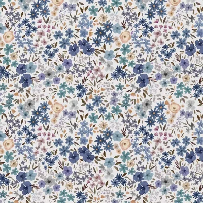 Tissu Coton imprimé digital Arty Romane fleuris bleu sur fond Blanc - Par 10 cm