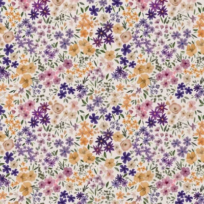 Tissu Coton imprimé digital Arty Romane fleuris jaune et lilas sur fond Ecru - Par 10 cm