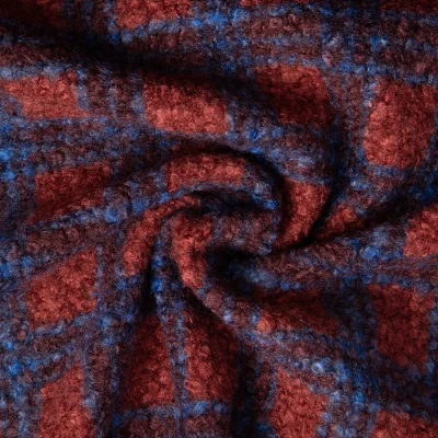 Tissu Bouclette Curly imprimé carreaux Bleu sur fond Marron - Par 10 cm