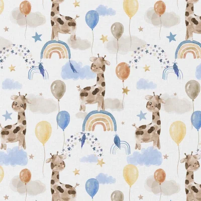 Tissu Coton digital LittleBird Girafe et ballon sur fond Blanc - Par 10 cm