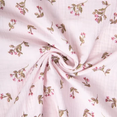 Tissu Double gaze de Coton Souella fleuris sur fond Lilas - Par 10 cm