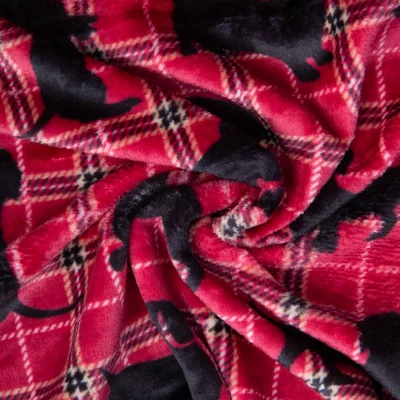 Tissu Doudou imprimé teckels et carreaux Noir sur fond Rouge - Par 10 cm