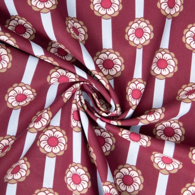 Tissu Coton imprimé Arty Tolina rayé et fleur sur fond Bordeaux - Par 10 cm