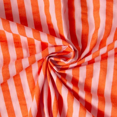 Tissu Coton Seersucker Rayé Orange sur fond Rose pâle - Par 10 cm