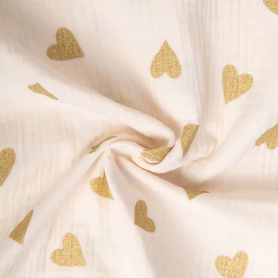 Tissu Double gaze de Coton Yoon coeur paillettes or sur fond Ecru - Par 10 cm