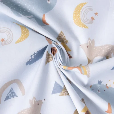 Tissu Coton imprimé Yuta animaux et nuit étoilée gris bleu et jaune sur fond Blanc - Par Coupon de 3m