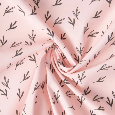 Tissu Coton imprimé Zefir motifs nature sur fond Rose - Par Coupon de 3m