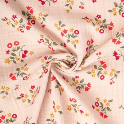 Tissu Double gaze de Coton Zinella fleuris rouge sur fond Lin - Par 10 cm