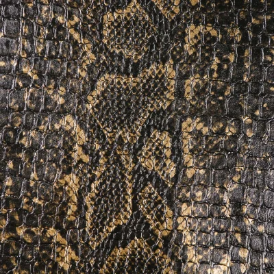 Tissu Simili cuir Croco snake Or sur fond Noir - Par 10 cm