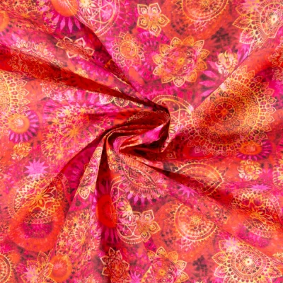Tissu Coton imprimé Mandalas sur fond Rouge - Par 10 cm