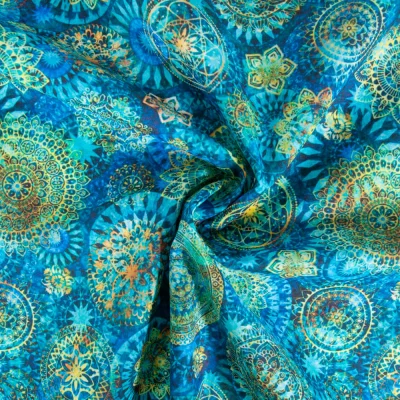 Tissu Coton imprimé Mandalas sur fond Bleu turquoise - Par 10 cm
