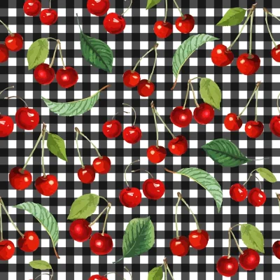 Tissu Coton imprimé Vichy noir et cerises sur fond Blanc - Par 10 cm