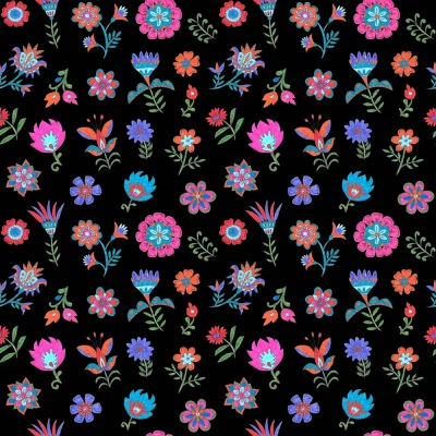 Tissu Coton imprimé Loulou fleuris sur fond Noir - Par 10 cm