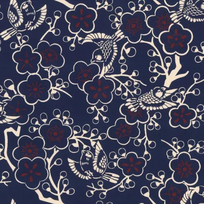 Tissu Coton imprimé Motif japonais sur fond Bleu marine - Par 10 cm