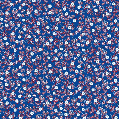 Tissu Voile de Coton Fleuris blanc et rouge sur fond Bleu - Par 10 cm