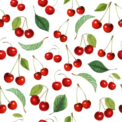 Tissu Coton imprimé Cerises rouges et feuilles vertes sur fond Blanc - Par 10 cm