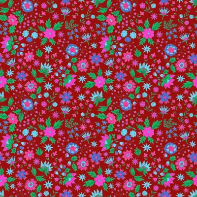Tissu Coton imprimé Fleuris Lya sur fond Bordeaux - Par 10 cm