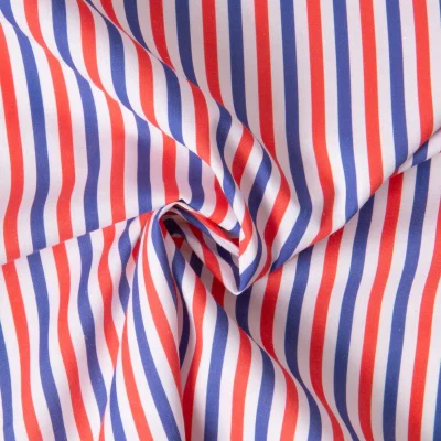 Tissu Coton imprimé Rayé bleu, blanc, rouge sur fond Blanc - Par 10 cm