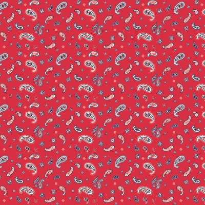 Tissu Coton imprimé Bandana blanc et rouge sur fond Rouge - Par 10 cm