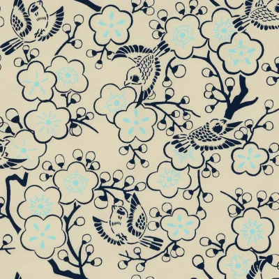 Tissu Coton imprimé Motif japonais sur fond Beige - Par 10 cm