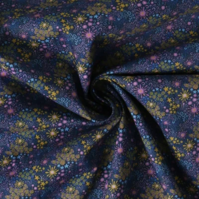Tissu Coton imprimé  feuris Elynai sur fond Bleu nuit - Par 10 cm