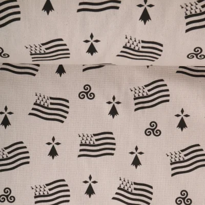 Tissu Toile de Coton aspect lin Symboles Breton sur fond Naturel - Par 10 cm