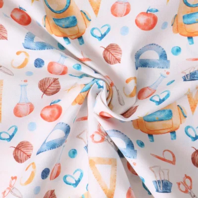 Tissu Coton imprimé  Ecolora rentrée des classes sur fond Blanc cassé - Par 10 cm