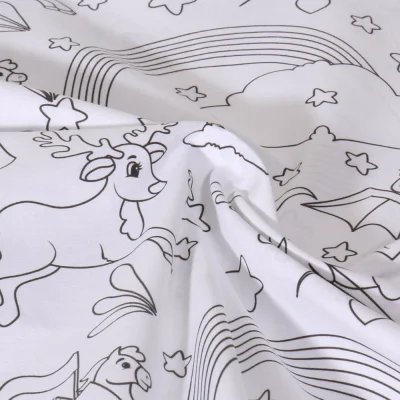 Tissu Coton à colorier Animaux  et étoiles sur fond Blanc - Par 10 cm