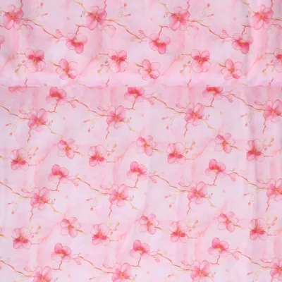 Tissu Coton imprimé  Aquahibis sur fond Rose pâle - Par 10 cm